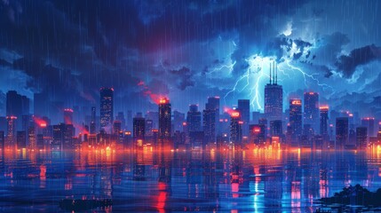 Fototapeta na wymiar City Skyline Network: A 3D vector illustration of a city skyline during a thunderstorm