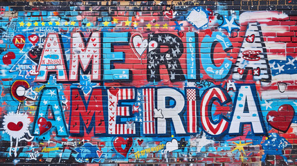 Fototapeta premium Graffiti brick wall typography words America for 2024 president election patriotic USA pride mural street art banner red white blue flag stars stripes spray paint urban democracy background