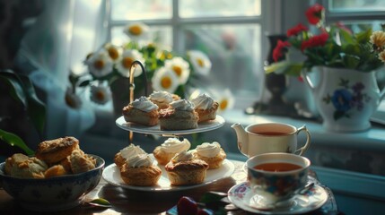 Fototapeta premium Table set with pastries and tea cups, ideal for food and beverage concepts