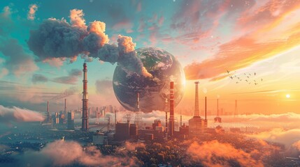 Climate Change: A 3D vector illustration of a globe with industrial smokestacks emitting pollution - obrazy, fototapety, plakaty