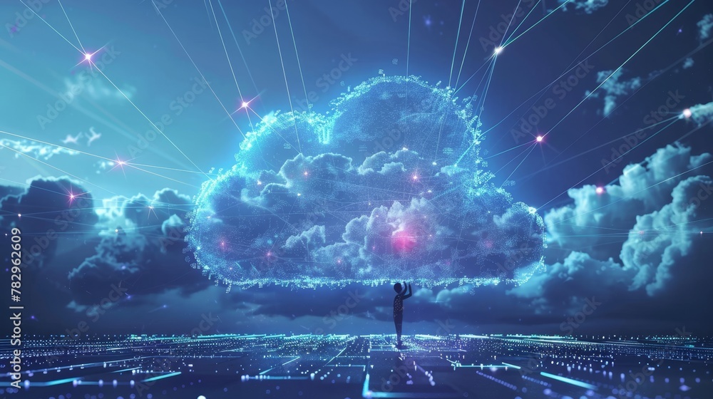 Poster cloud networking: a 3d vector illustration of a person accessing files from a virtual cloud server