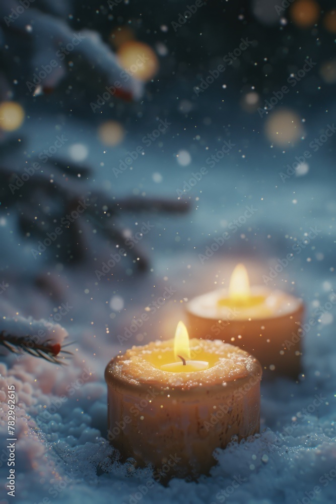 Poster lit candles in the snow next to a pine tree, perfect for winter themes