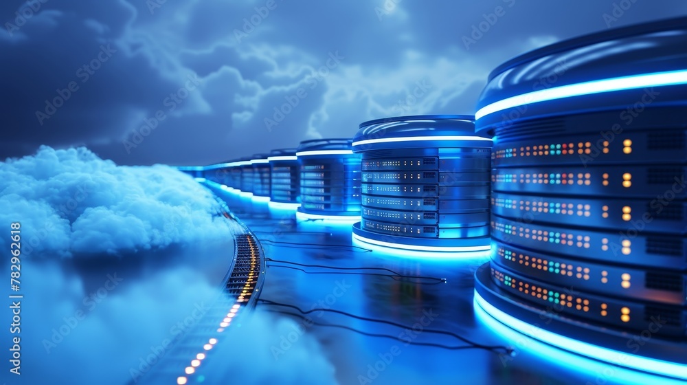 Poster cloud networking: a 3d vector illustration of data centers connected in a network