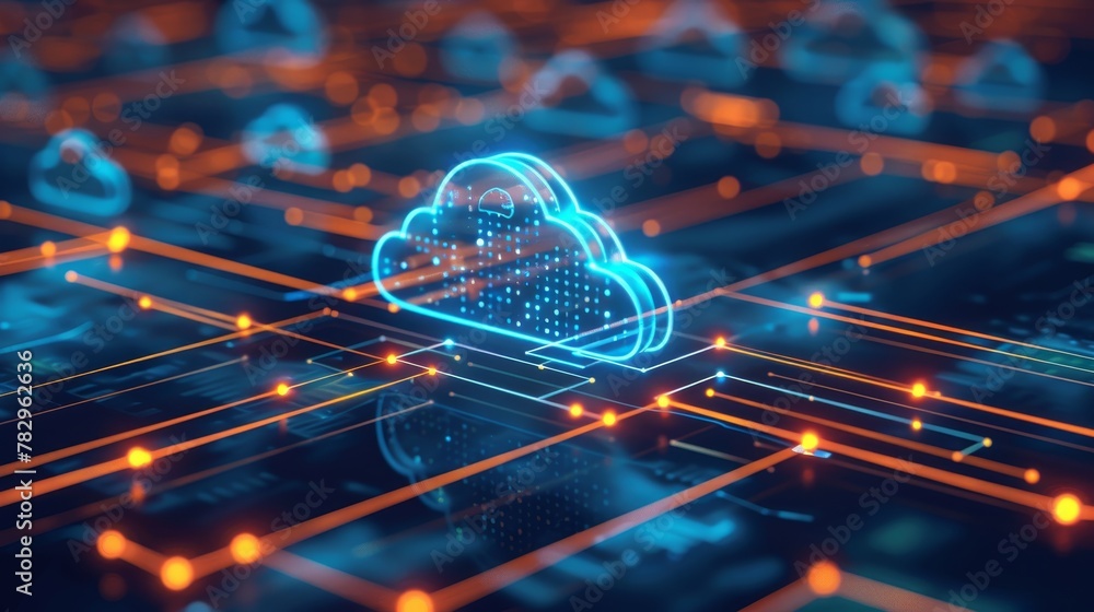 Poster cloud networking: a 3d vector illustration of data flowing through a network of interconnected cloud
