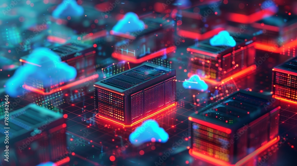 Poster cloud networking: a 3d vector illustration of interconnected servers in a virtual cloud environment