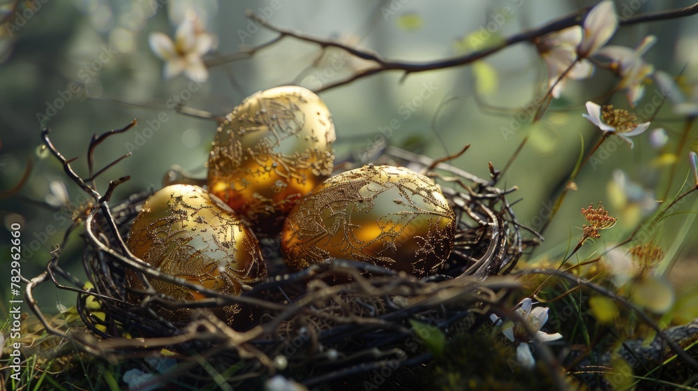 Poster golden eggs in nest on tree branch. ideal for financial concepts