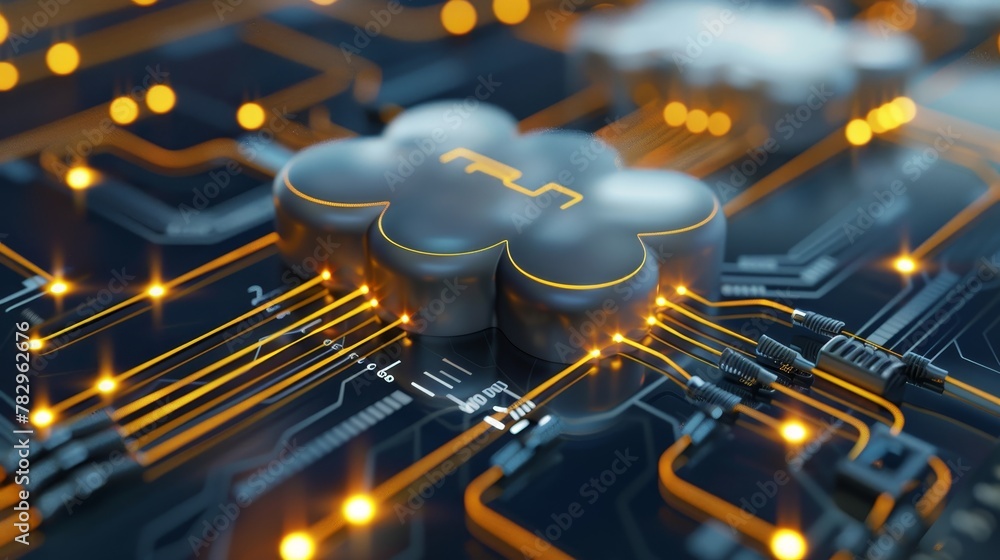 Poster cloud networking: a 3d vector illustration of network cables connecting to a cloud symbol