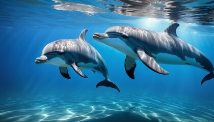 A duo of dolphins gracefully glide through the crystal-clear waters, showcasing their playful nature and intelligence.. AI Generation