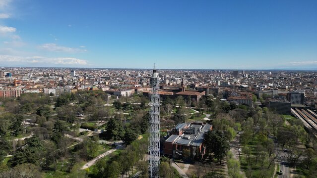 Drone footage of tower Branca, Sempione park in Milan, Lombardy, Italy.