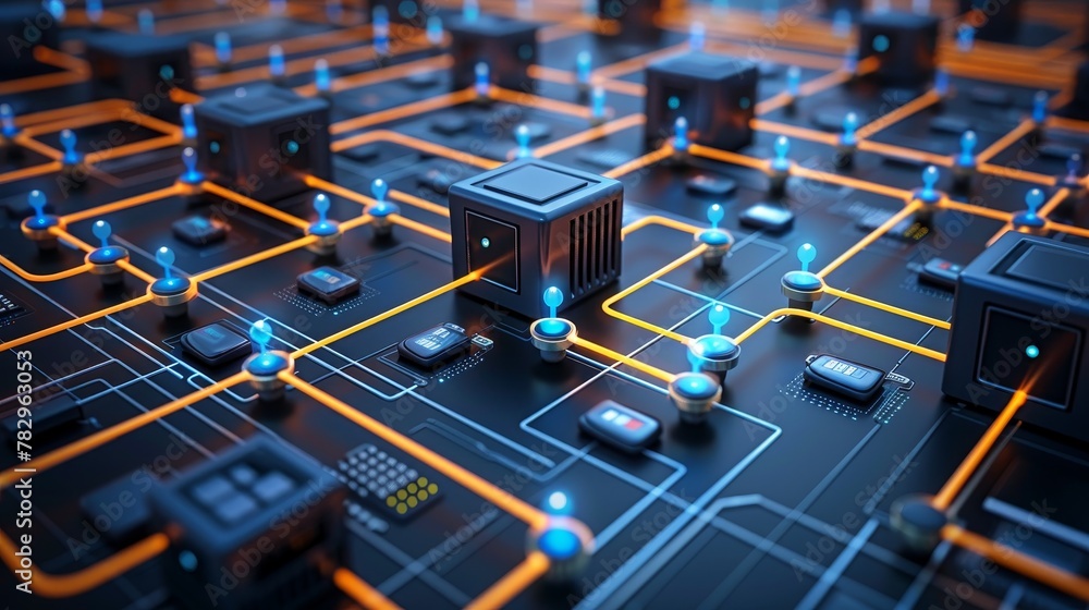 Poster digital connectivity: a 3d vector illustration of digital devices interconnected by lines of communi