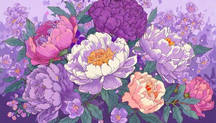 the delicate interplay of peonies and lavender, arrayed in a tranquil floral composition.
