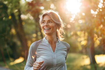 A joyful adult woman enjoys a peaceful morning jog in a sunlit park, surrounded by lush greenery. Her expression exudes happiness and contentment. Generated AI. - obrazy, fototapety, plakaty