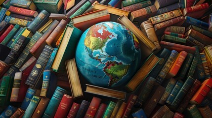 Education and Knowledge: A 3D vector illustration of a globe surrounded by diverse books