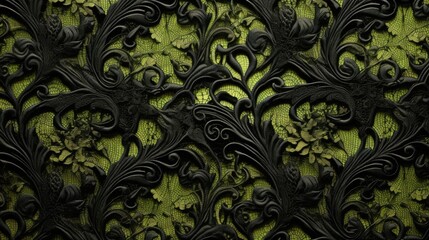 Intricate Black Floral Patterns on Vibrant Green Texture Background