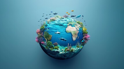 Environmental Conservation: A 3D vector illustration of a globe with a clear blue ocean and marine life