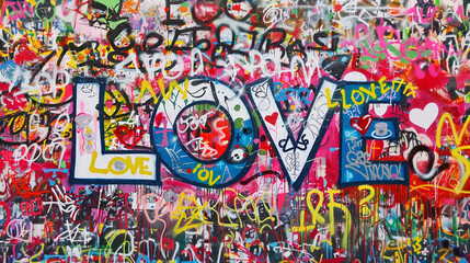 Spray painted graffiti wall font words LOVE graf paint tag suburb city street art mural empowerment...
