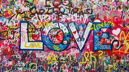 Acrylglasbilder Graffiti Spray painted graffiti wall font words LOVE graf paint tag suburb city street art mural empowerment inspiration harmony emotion artistic cool vibrant background campaign banner  © Sawoon
