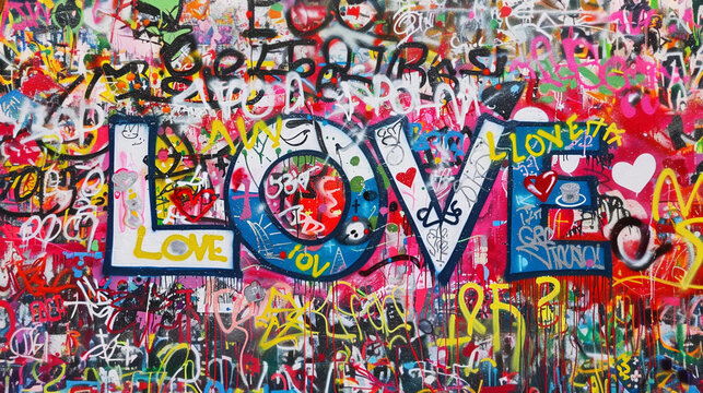 Fototapeta Spray painted graffiti wall font words LOVE graf paint tag suburb city street art mural empowerment inspiration harmony emotion artistic cool vibrant background campaign banner