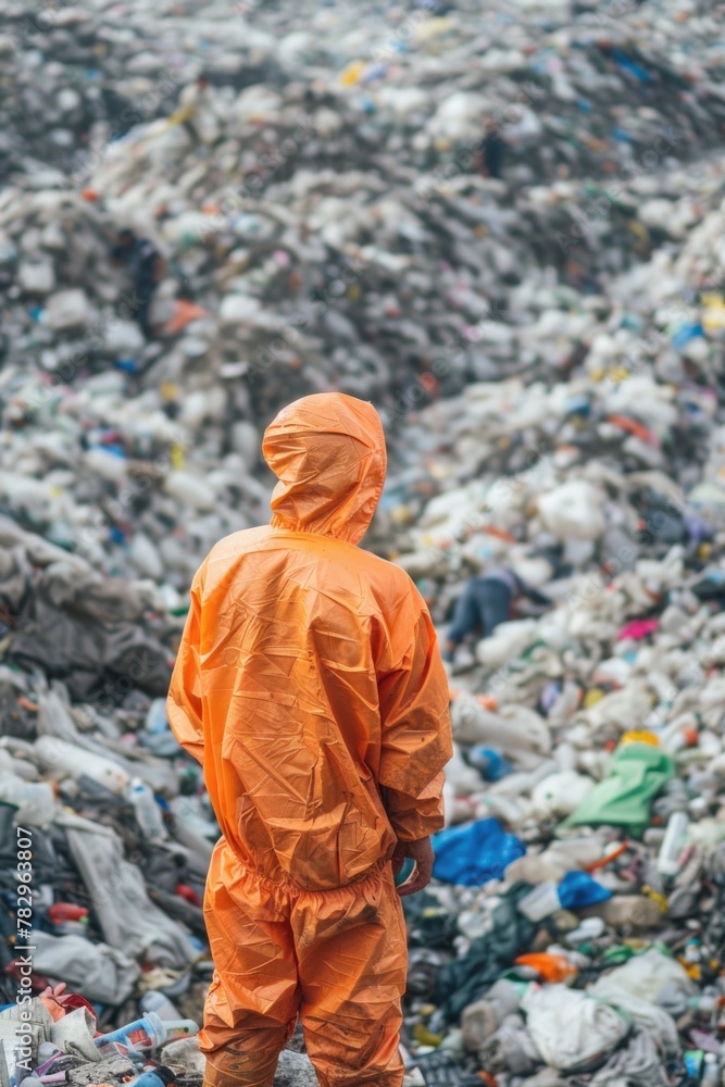Poster a man in an orange suit standing in front of a pile of garbage. suitable for environmental and waste