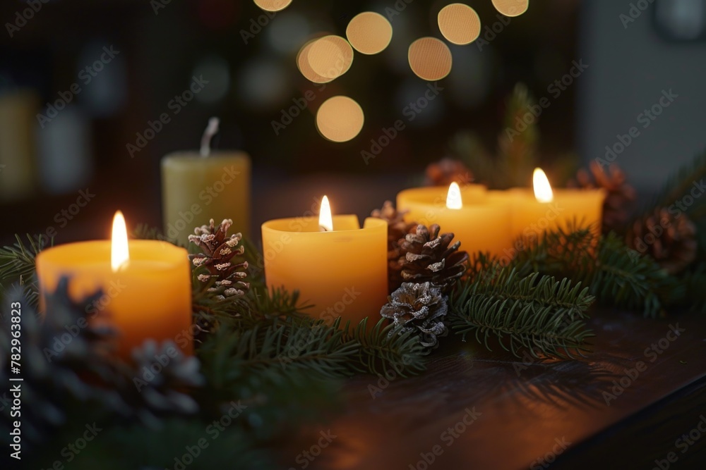 Poster A group of lit candles on a table, perfect for adding ambiance to any setting
