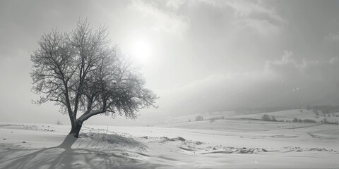 A stark black and white image of a tree covered in snow. Suitable for winter themes
