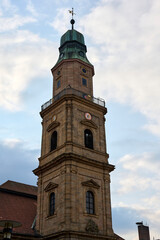 Hugenotten Evangelical church against the sky in Erlangen, Germany