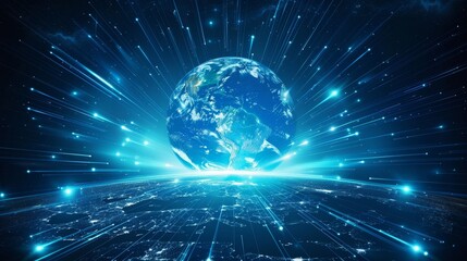 Naklejka premium Global Communication: A 3D vector illustration of a globe with beams of light emanating from it