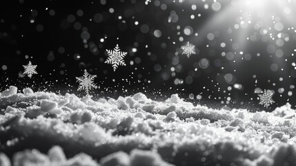 Modern illustration of falling snow on dark background. Transparent snowflakes for decoration. Xmas white snowflake pattern. Winter snowstorm illustration. - obrazy, fototapety, plakaty
