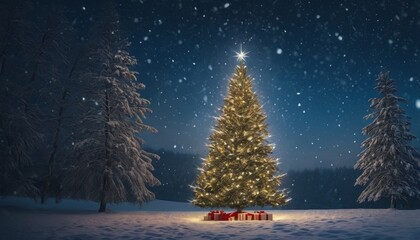 A magnificent Christmas tree adorned with a star, glowing in a snowy landscape at night, with presents underneath.
