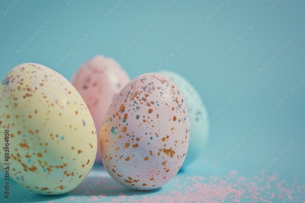 Poster three speckled eggs resting on a blue surface, suitable for various design projects