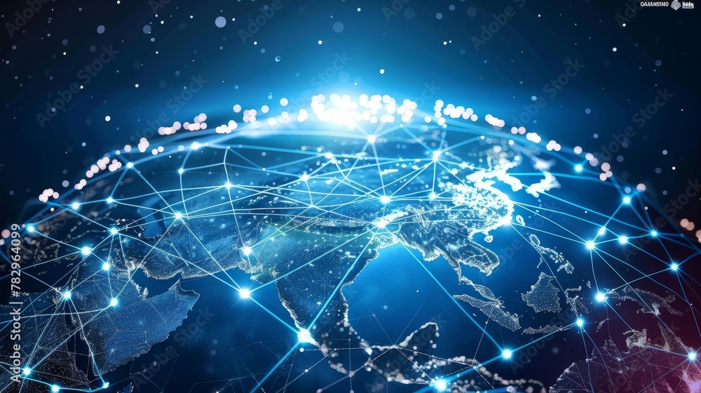 Poster global connectivity: a 3d vector illustration of a globe with digital network lines crisscrossing ac