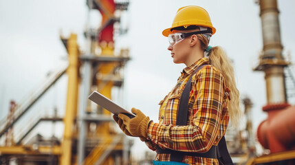 Focused female engineer in hardhat with a tablet at an industrial site.