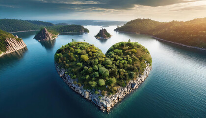 Aerial view of heart-shaped island in the middle of water with rocks and trees. Beautiful nature.