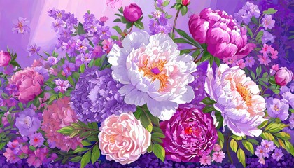 delicate interplay of peonies and lavender, arrayed in a tranquil floral composition. - obrazy, fototapety, plakaty