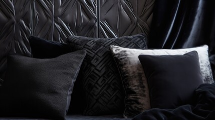 Luxurious Velvet Pillows and Plush Textured Bedding in a Cozy Bedroom Setting - obrazy, fototapety, plakaty