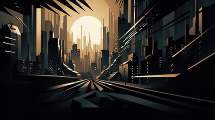 Futuristic Cityscape at Sunset with Geometric Shadows