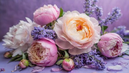 delicate interplay of peonies and lavender, arrayed in a tranquil floral composition.