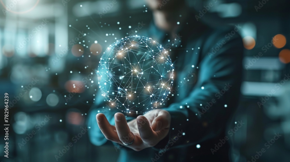 Poster Three-dimensional rendering of a businessman touching a flying network sphere on a blurry background