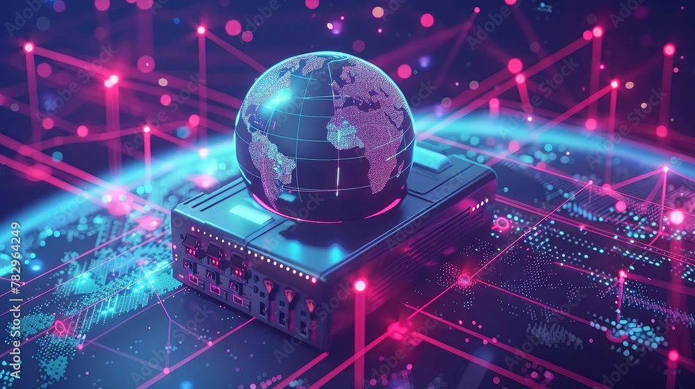 Poster global connectivity: a 3d vector illustration of a network router sending data packets across the gl