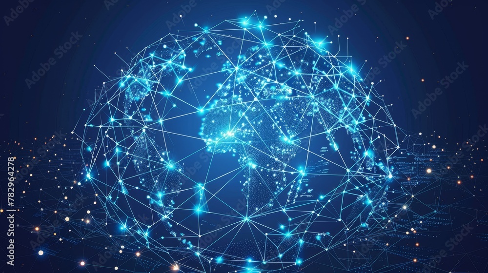 Poster global connectivity: a 3d vector illustration of a network server surrounded by digital connections