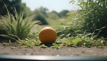 Foto op Plexiglas Eine orange liegt auf dem Boden, umrahmt von Gras, während die Sommersonne auf sie herabscheint. Idyllische Szene mit leuchtenden Farben und warmem Licht. © stillerphoto