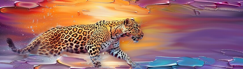 Leopard in motion, rich purple background, dynamic pose, freeze motion photography 