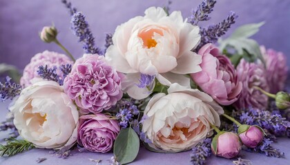 delicate interplay of peonies and lavender, arrayed in a tranquil floral composition.