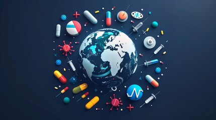 Global Health: A 3D vector illustration of a globe surrounded by medical symbols like stethoscope