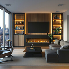 a modern living room with electric fireplace, flat screen tv and mid century furniture