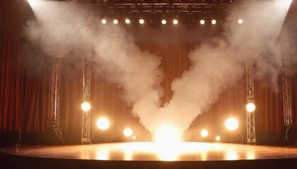A concert stage enveloped in heart-shaped smoke, framed by warm spotlight glow and theatrical red curtains. - obrazy, fototapety, plakaty