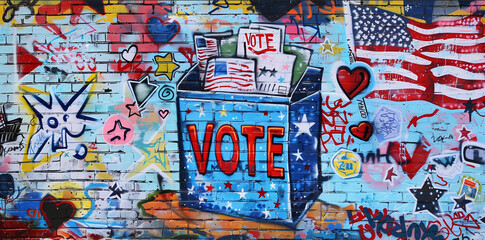 Obraz premium Graffiti wall art Vote ballot voting box red white blue us flag on urban suburb election America president patriotic USA polling voting freedom pride American street mural spray paint 