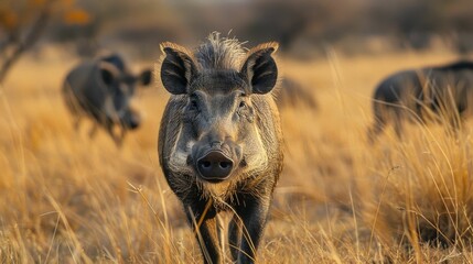 Rugged Warthog Foraging in Savannah Wilderness Landscape