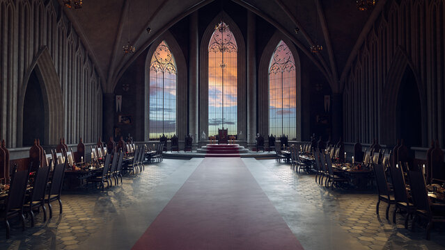 Grand medieval castle throne room with sunset sky seen through large gotrhic arched windows. 3D render.