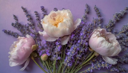 Obraz na płótnie Canvas delicate interplay of peonies and lavender, arrayed in a tranquil floral composition